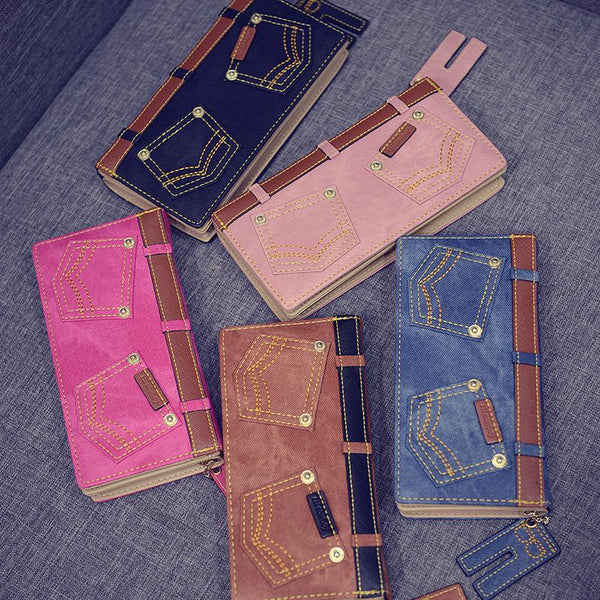 Novelty Denim Buttoms Zipper Long Wallet