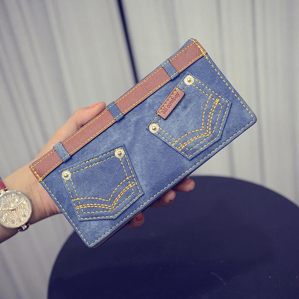Novelty Denim Buttoms Zipper Long Wallet